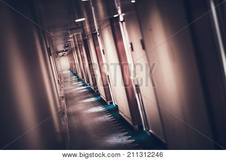 Cruise Ship Staterooms Hallway. Sea Travel Theme.