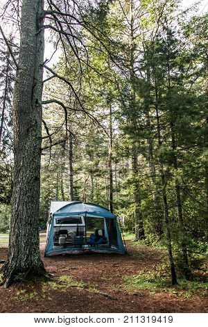 Lake of two rivers Campground Algonquin National Park a Beautiful natural forest landscape Canada tent camper