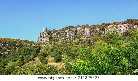 Tower near the village of Balazuc in the Ardeche region of France which is recognized as historical heritage and is considered one of the charming villages of France