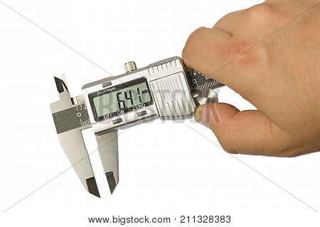 Dgital Electronic Vernier Caliper in Hand, isolated on white background
