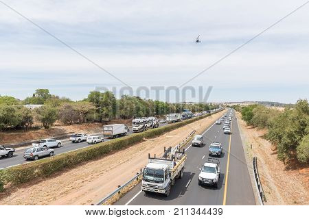 BLOEMFONTEIN SOUTH AFRICA - OCTOBER 30 2017: Protesters disrupting traffic on the N1-highway at Bloemfontein in protest against farm attacks in which more than a 1000 farmers were murdered since 2004