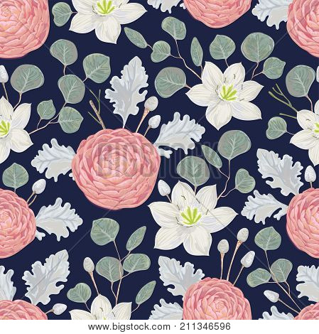 Seamless pattern with camellias, eucharis lily, dusty miller, silver dollar eucalyptus and silver brunia. Decorative holiday floral background. Vintage vector illustration in watercolor style