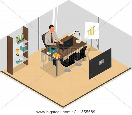 Vector Business Characters Scene illustration. Teamwork in modern business office. Business co working process.