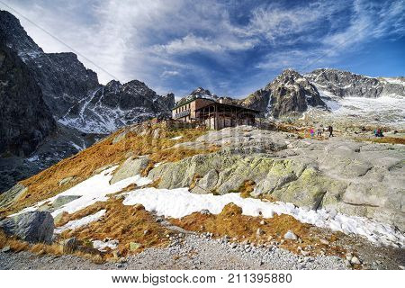 STARY SMOKOVEC SLOVAKIA - OCTOBER 15: Alpine chalet Teryho chata in High Tatras mountains on October 15 2017 in Stary Smokovec