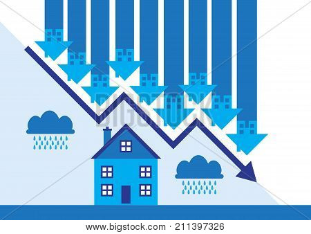 Downward arrows and rain clouds a metaphor on a property market slump.