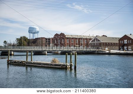 US Navy dockers near the Service building at the Portsmouth Naval Shipyard in New Hampshire