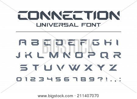 Technology connect universal font. Geometric, aggressive sport, futuristic, future techno alphabet. Letters and numbers for military, electric industry logo design. Modern minimalistic vector typeface