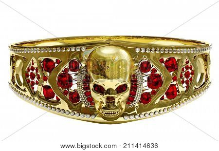 Jewelry gold skull ring or bracelet with diamond and red gems. Antiques fingers ring from pirate treasure or hoard may be magic vampire artifact. Luxury bijouterie band on isolated. 3D render.