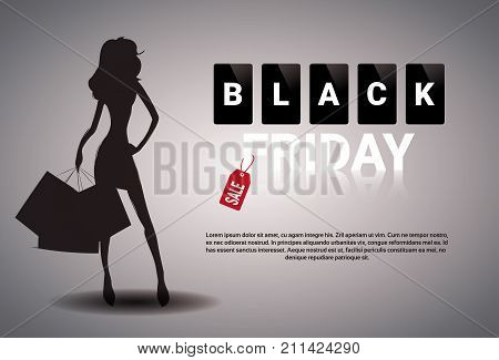 Black Friday Sale Banner Design With Silhouette Female Holding Shopping Bags On Background Holiday Discount Poster With Copy Space Vector Illustration