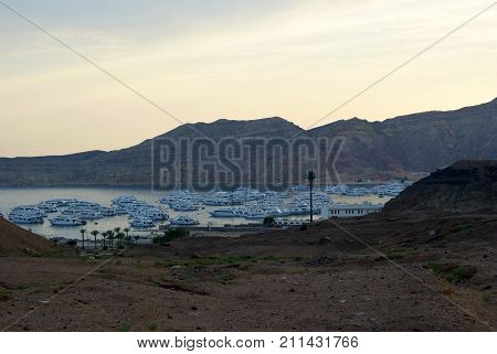 A lot of tourist yachts for sea walks and diving are on the roadstead in the bay near the Egyptian resort of Sharm el Sheikh after sunset