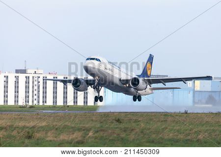LANGENHAGEN / GERMANY - OCTOBER 28 2017: Airbus A319-100 from airline Lufthansa takes off from international airport Langenhagen / Hanover.