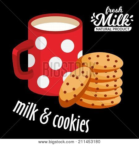 Milk and cookies vector icon. Chocolate chip cookies and cup of hot milk vector.