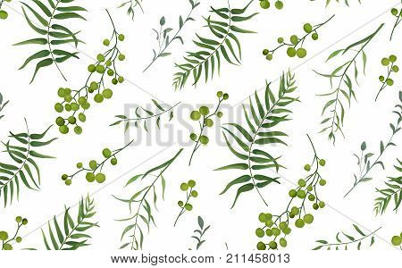 Palm fern different tree foliage natural branches with green leaves seeds berries tropical seamless pattern watercolor style. Vector decorative beautiful cute elegant illustration on white background