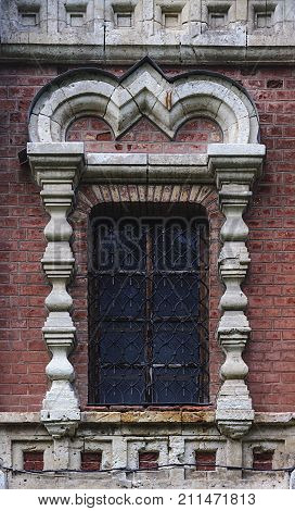 Window of old orthodox church of St. Alexandra in Muromtsevo Vladimir region Russia
