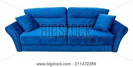 Blue sofa. Soft velour fabric couch. Classic modern divan on isolated background.