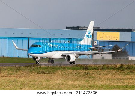 LANGENHAGEN / GERMANY - OCTOBER 28 2017: Embraer ERJ-175 from airline KLM drives to runway on international airport Langenhagen / Hanover.