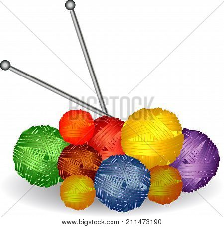 Nine Balls Of Multicolored Yarn, Thread, Stuck Knitting Needles