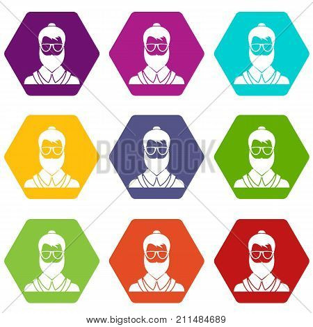 Hipsster man icon set many color hexahedron isolated on white vector illustration
