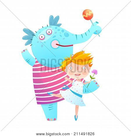 Kids love playing with elephats childish illustration.Vector cartoon.