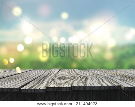 3D render of a wooden table looking out to a defocussed landscape