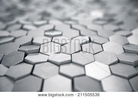 Silver abstract hexagonal background with depth of field effect. Structure of a large number of hexagons. Steel honeycomb wall texture, shiny hexagon clusters background. 3D rendering