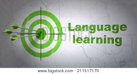 Success Education concept: arrows hitting the center of target, Green Language Learning on wall background, 3D rendering