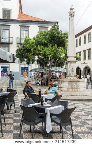 FUNCHALMADEIRA PORTUGAL SEPTEMBER 8 2016: Zone Velha - the oldest district famous for its best restaurants and cafes in Funchal. Madeira Portugal