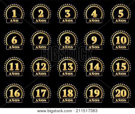 Set Of Gold Numbers From 1 To 20 And The Word Of The Year Decorated With A Circle Of Stars. Vector I