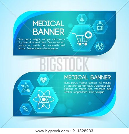 Treatment and healthcare blue horizontal banners set flat isolated vector illustration