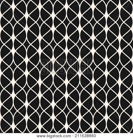 Elegant vector seamless pattern. Abstract graphic monochrome background with thin wavy lines, delicate lattice. Black & white subtle texture of mesh, lace, weaving, net. Dark luxury design element. Mesh pattern. Lines pattern. Ornamental pattern.