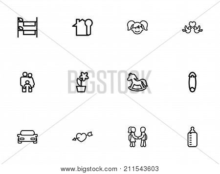 Set Of 12 Editable Kin Outline Icons. Includes Symbols Such As Lovers, People, Daughter And More