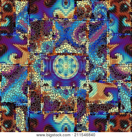 Seamless background pattern. Irregular decorative geometric mosaic art tile pattern from uneven broken pieces. Collage of mosaics.