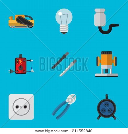 Set Of 9 Editable Electric Flat Icons. Includes Symbols Such As Cutting, Nipper, Receptacle And More