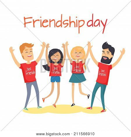 Friends congratulating each other holding hands up and jumping isolated on white. Friendship Day celebration vector illustration. Cartoon young people in cheerful and happy mood have fun together.