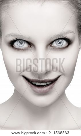 Scary female face with halloween horror grimm close-up.