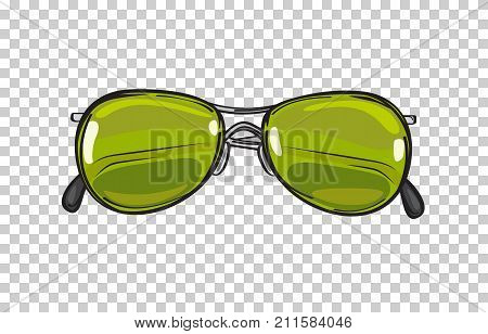 Fashionable sunglasses with green lenses isolated on transparent background. Glamorous hipster spectacles for modern and elegant summer and spring looks. Vector illustration of trendy glasses.