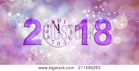 Nearly Happy New Year 2018 - a clock face showing 11.55 making the 0 of 2018 on a sparkling pink bokeh background