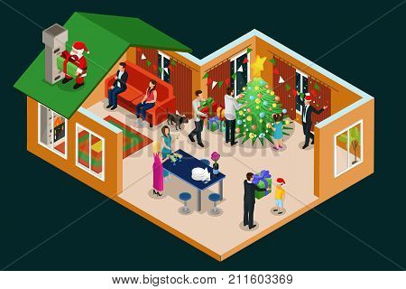Isometric Christmas Holiday concept with people celebrating New Year in house and Santa Claus with gifts on roof isolated vector illustration