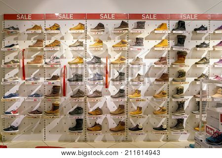 SAINT PETERSBURG, RUSSIA - CIRCA OCTOBER, 2017: shoes on display at Helly Hansen store in Saint Petersburg.