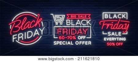 Set of neon signs, posters, brochures on the Black Friday sale. Glowing neon sign, bright glowing advertising, discounts on sales Black Friday. Vector illustration.