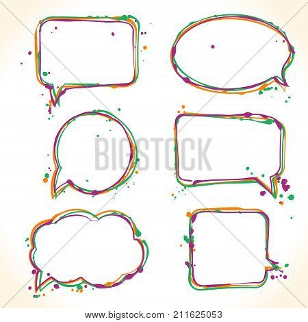 Set of hand drawn colorful bubble speech. Doodle style ink sketches. Vector illustration editable for your design.