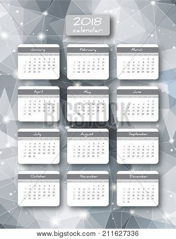 2018 year vector vertical calendar week starts with Sunday. Set of 12 Months. Planner for 2018 Year. Geometric background with triangles and shining stars