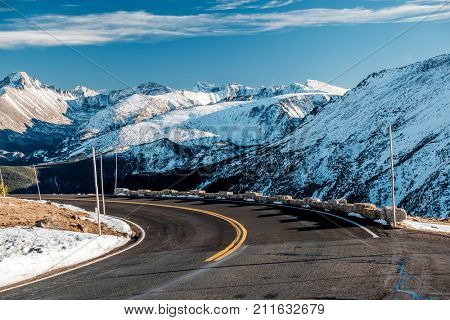 Trail Ridge Road, the highest (12,183 feet) continuous highway in the USA in high alpine tundra with rocks and mountains at autumn. Rocky Mountain National Park in Colorado, USA. 