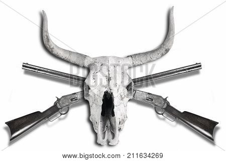 Antique cowboy lever action rifles and cow skulls in black and white