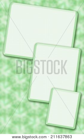 Green mock up template with three rectangular text boxes. Abstract background of blurred sexangles. Vertical border for greeting cards, postcards, scrapbooks, photo albums, posters, flyers, invitations