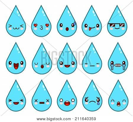 Kawaii water drops, raindrops, morning dew. Funny, cute sweet emotions smiles  illustration