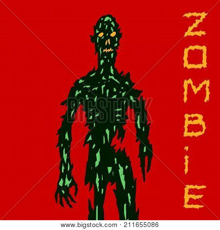 Scary zombie coming for you. Vector illustration. The image of horror. Drawing spooky character. Red background.
