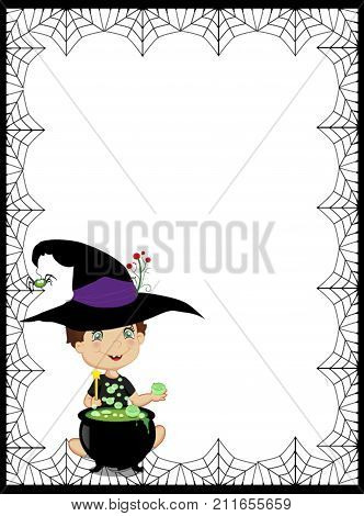 Halloween background with space for text and illustration of witch boy and cauldron framed with spiderweb isolated. Vector illustration for card flyer party invitation. or greeting card.
