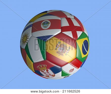 Isolated soccer ball with colors flags of states participating in the 2018 FIFA World Cup on a blue background 3d rendering