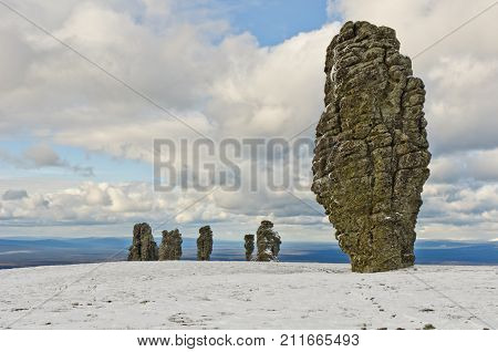 Manpupuner rock formations. Giant rocks at the Manpupuner Plateau, Northern Ural. One of the seven wonders of Russia